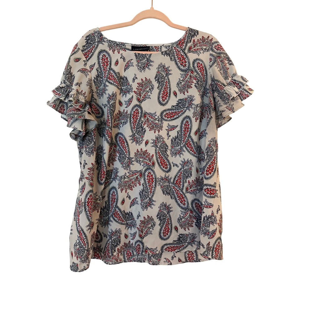 Lane‎ Bryant Women Plus Blouse White Paisley Ruffle Sleeve Size 16